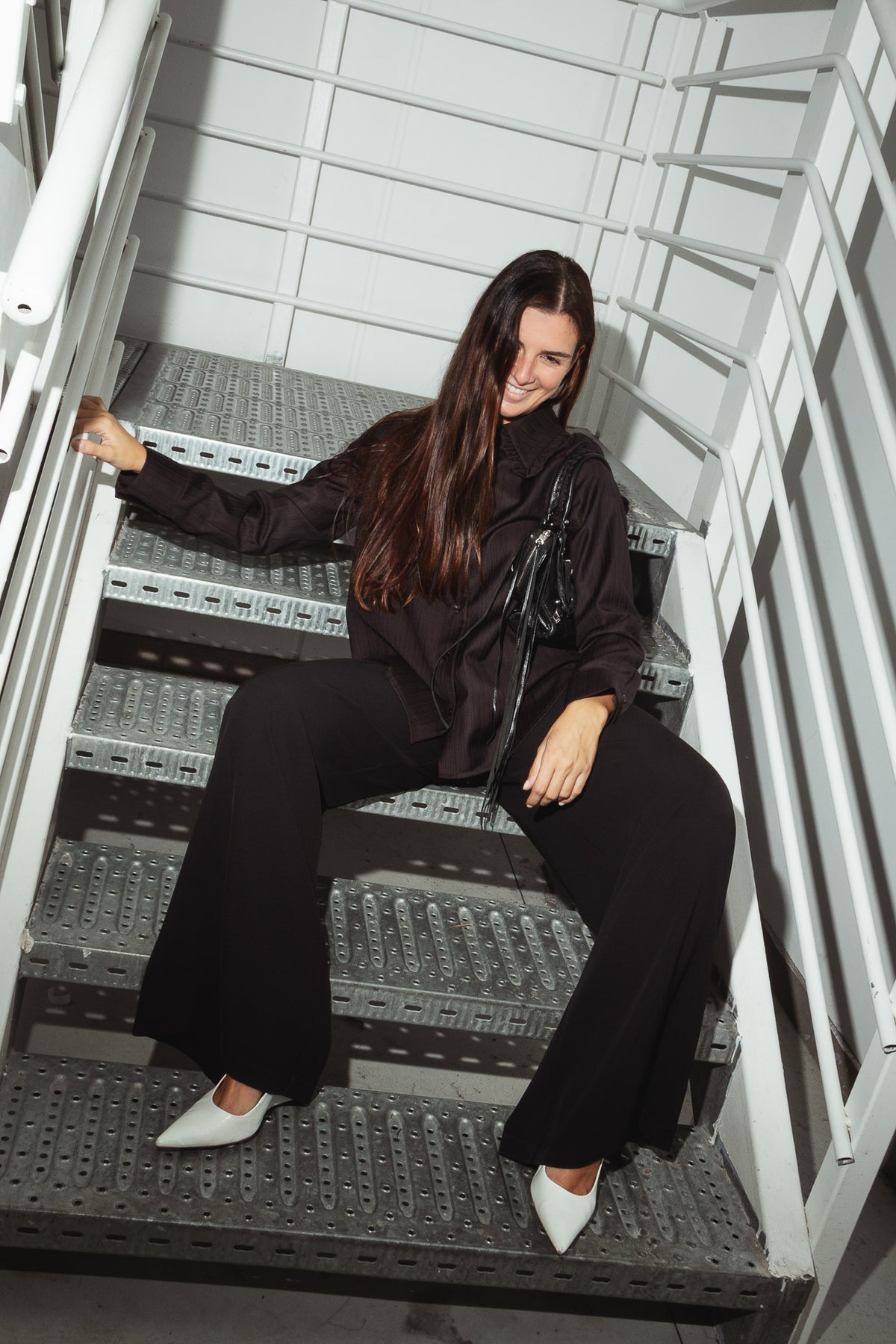 Camicia in Lana vergine a righe con colletto a volant