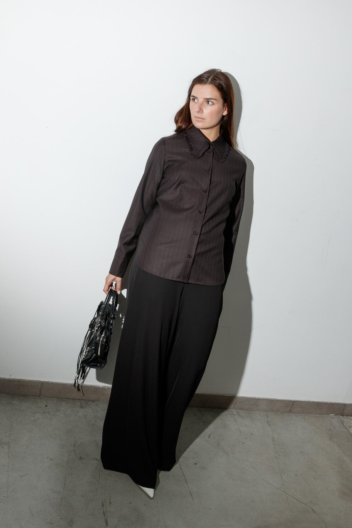 Camicia in Lana vergine a righe con colletto a volant