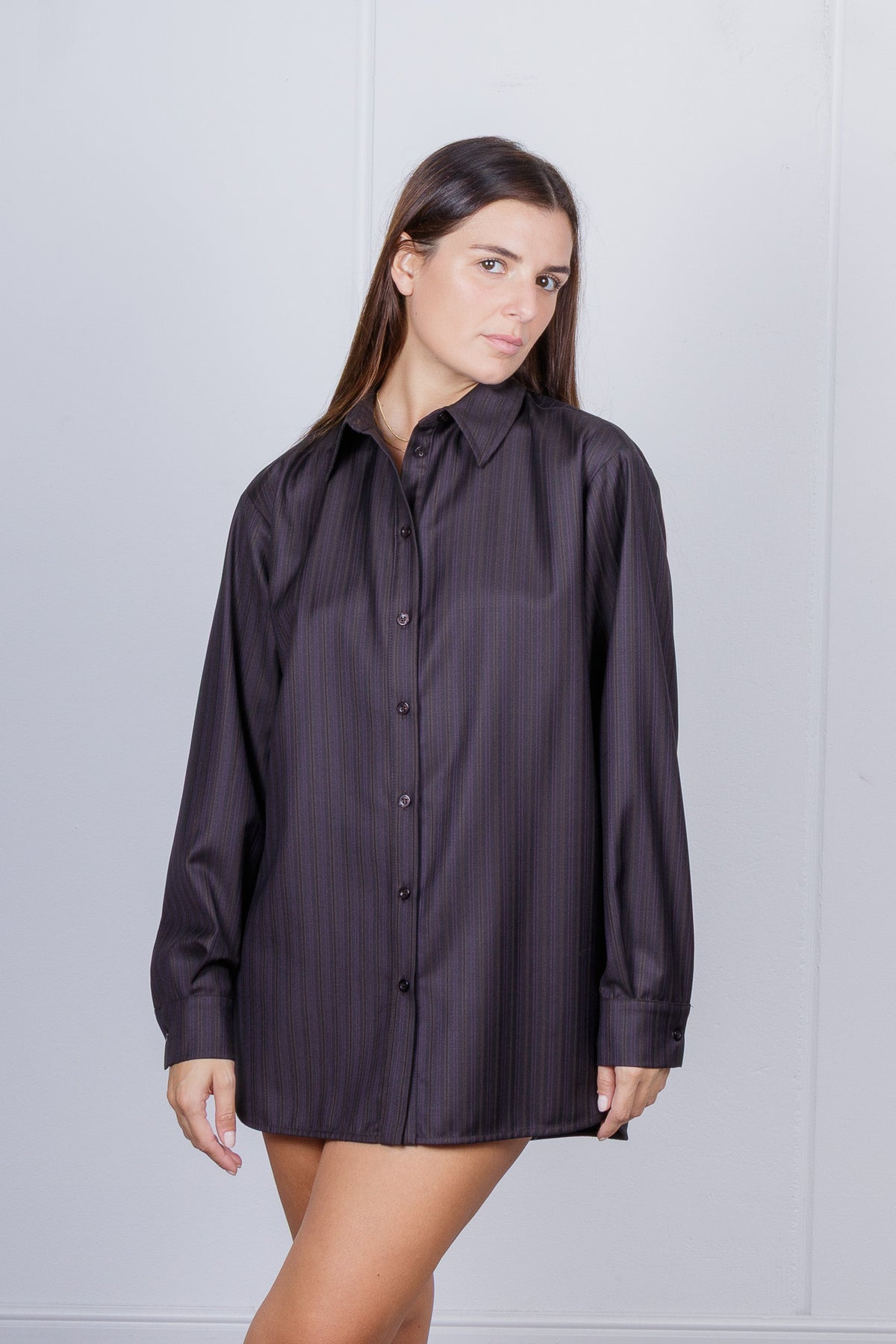 Camicia in Lana vergine a Micro Righe Verticali