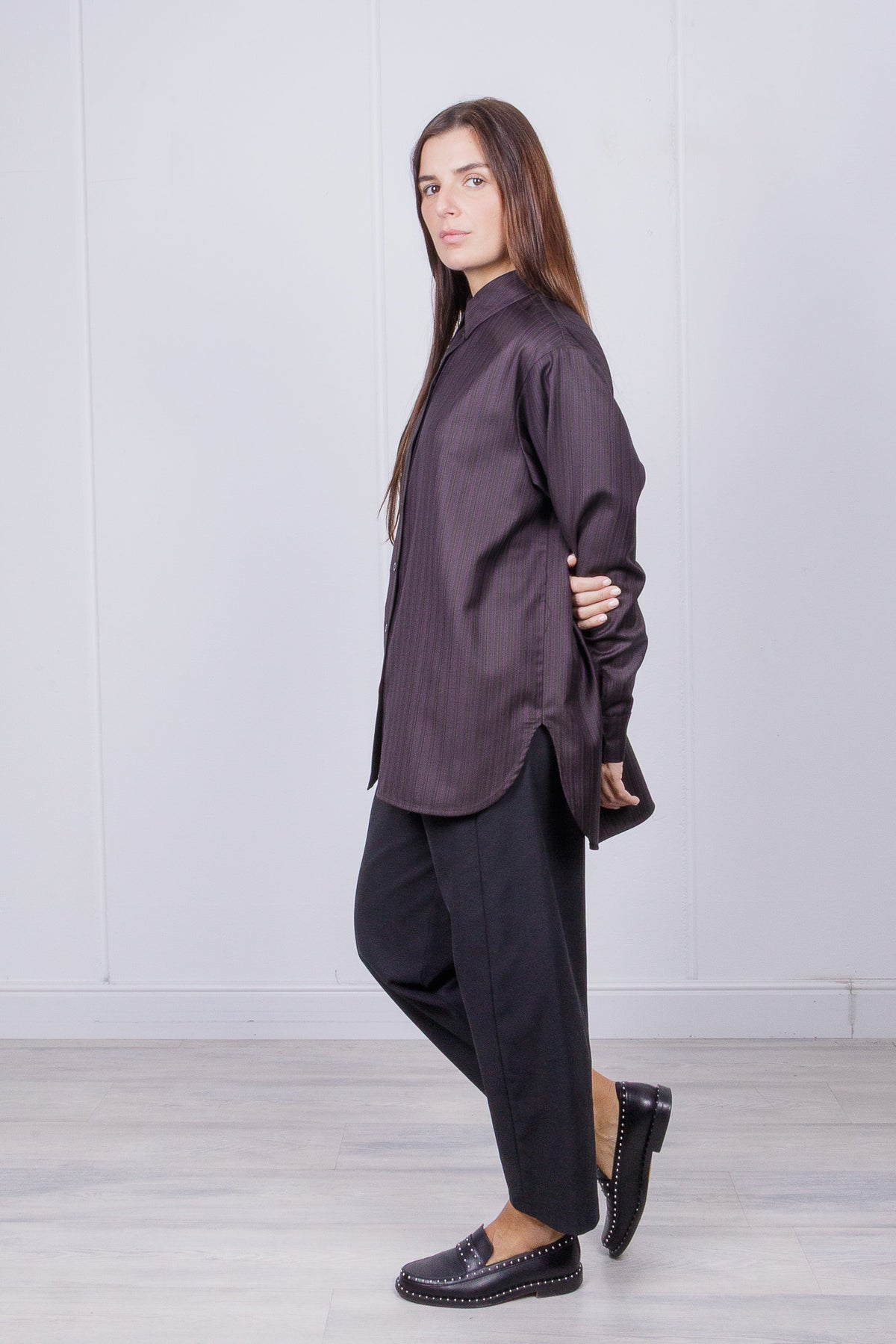 Camicia in Lana vergine a Micro Righe Verticali