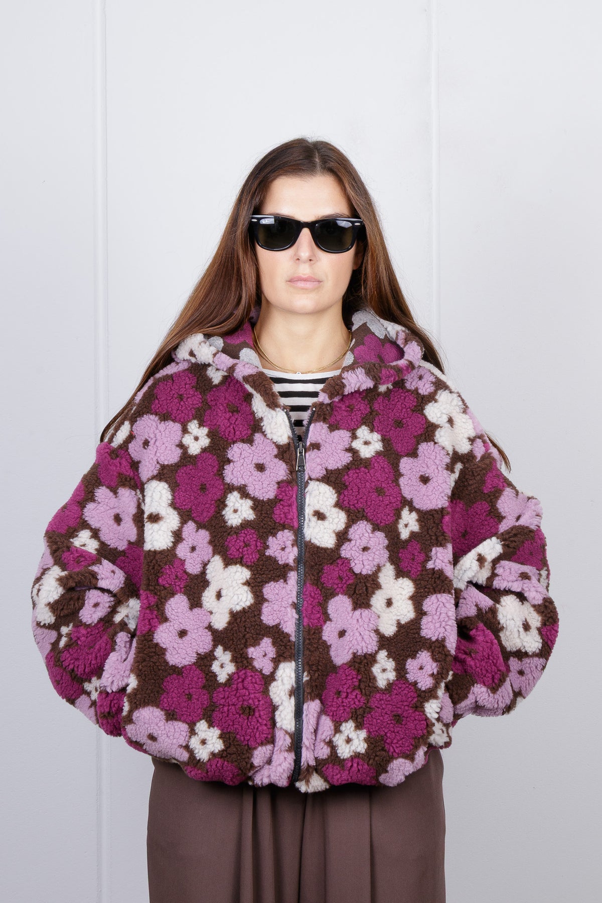 Felpa Oversize con cappuccio in teddy Floreale