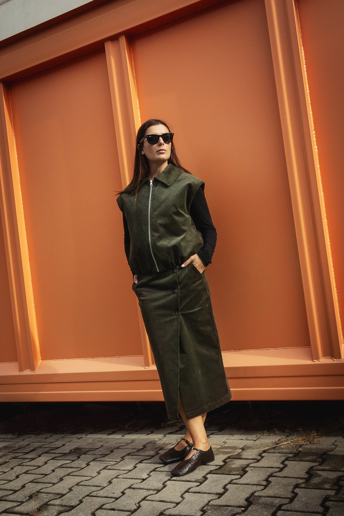 Gilet Trapuntato in Velluto a Coste Verde Militare