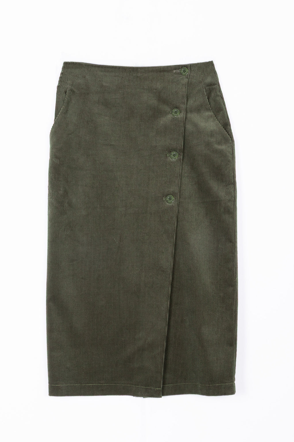 Gonna Midi a Portafoglio in Velluto a Coste Verde Militare