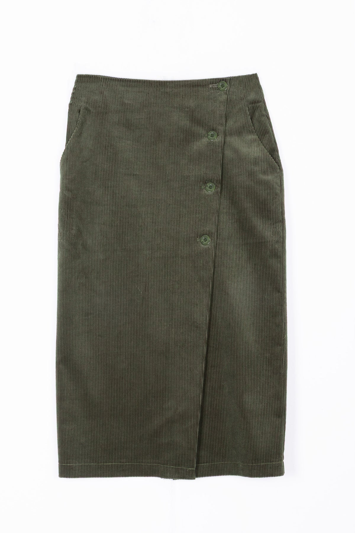 Gonna Midi a Portafoglio in Velluto a Coste Verde Militare