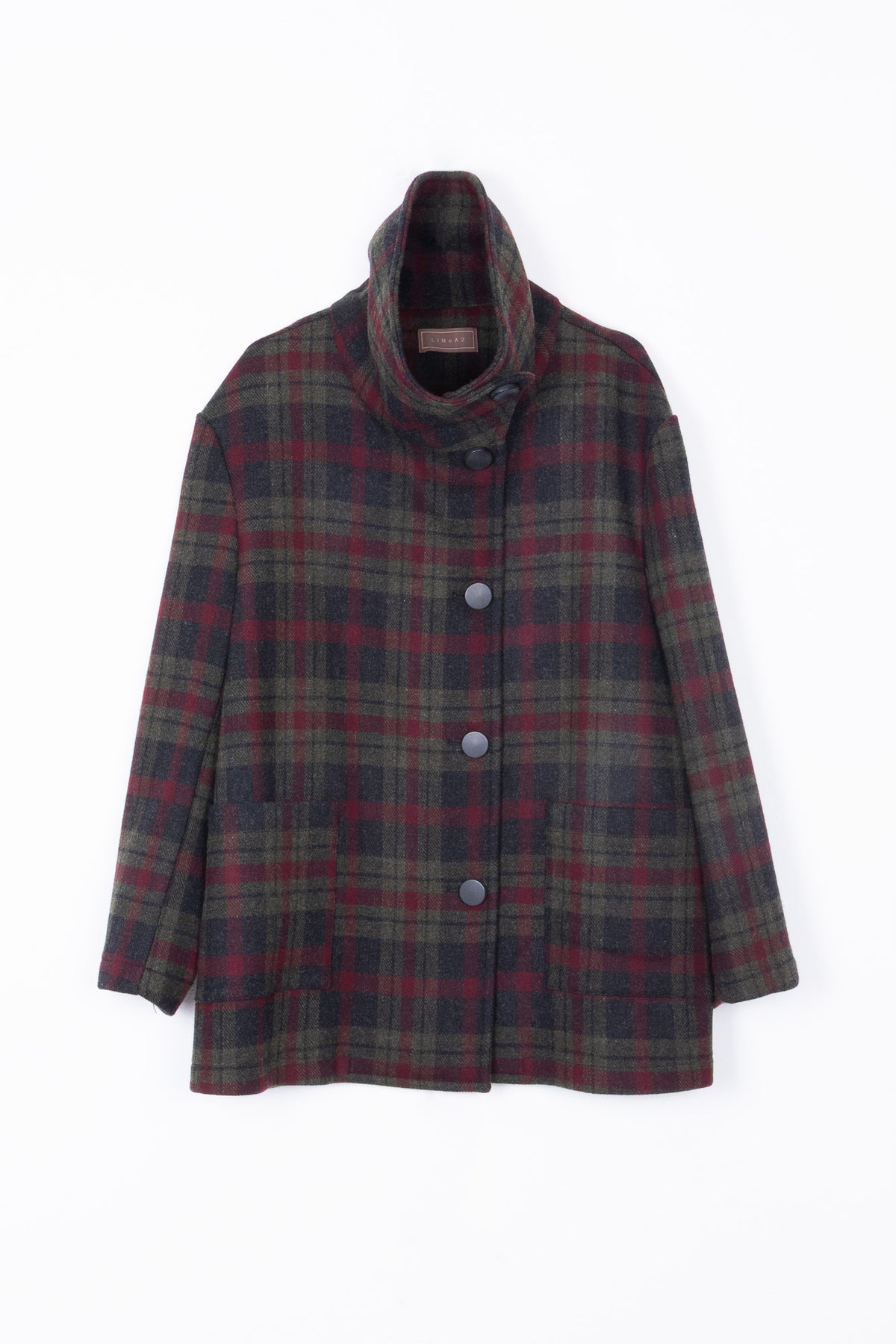 Giacca-Cappotto a Quadri Tartan con Collo Alto