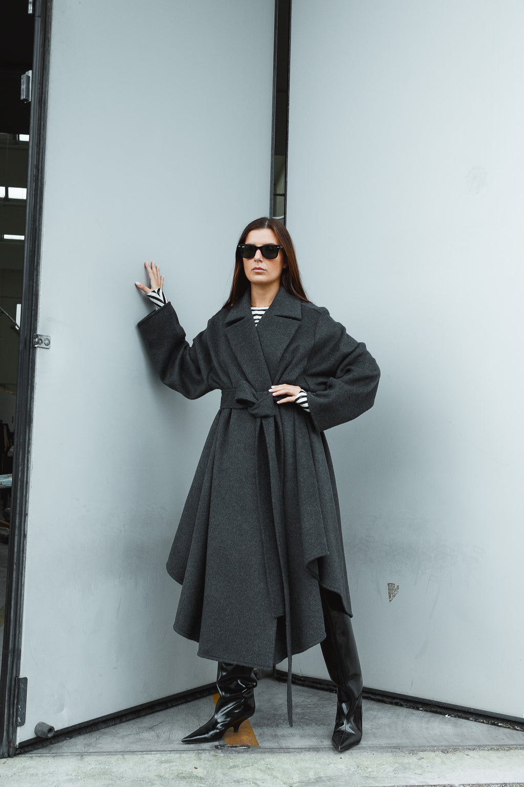 Cappotto Kimono in Misto Lana con Cintura