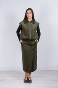 Gonna Midi a Portafoglio in Velluto a Coste Verde Militare