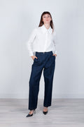 Pantalone denim vita alta stile sartoriale